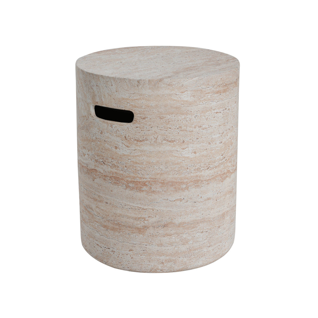 Modern Concrete Side Table with Travertine Finish, Indoor/Outdoor Use, Beige, 15.5 x 15.5 x 18.5 inches