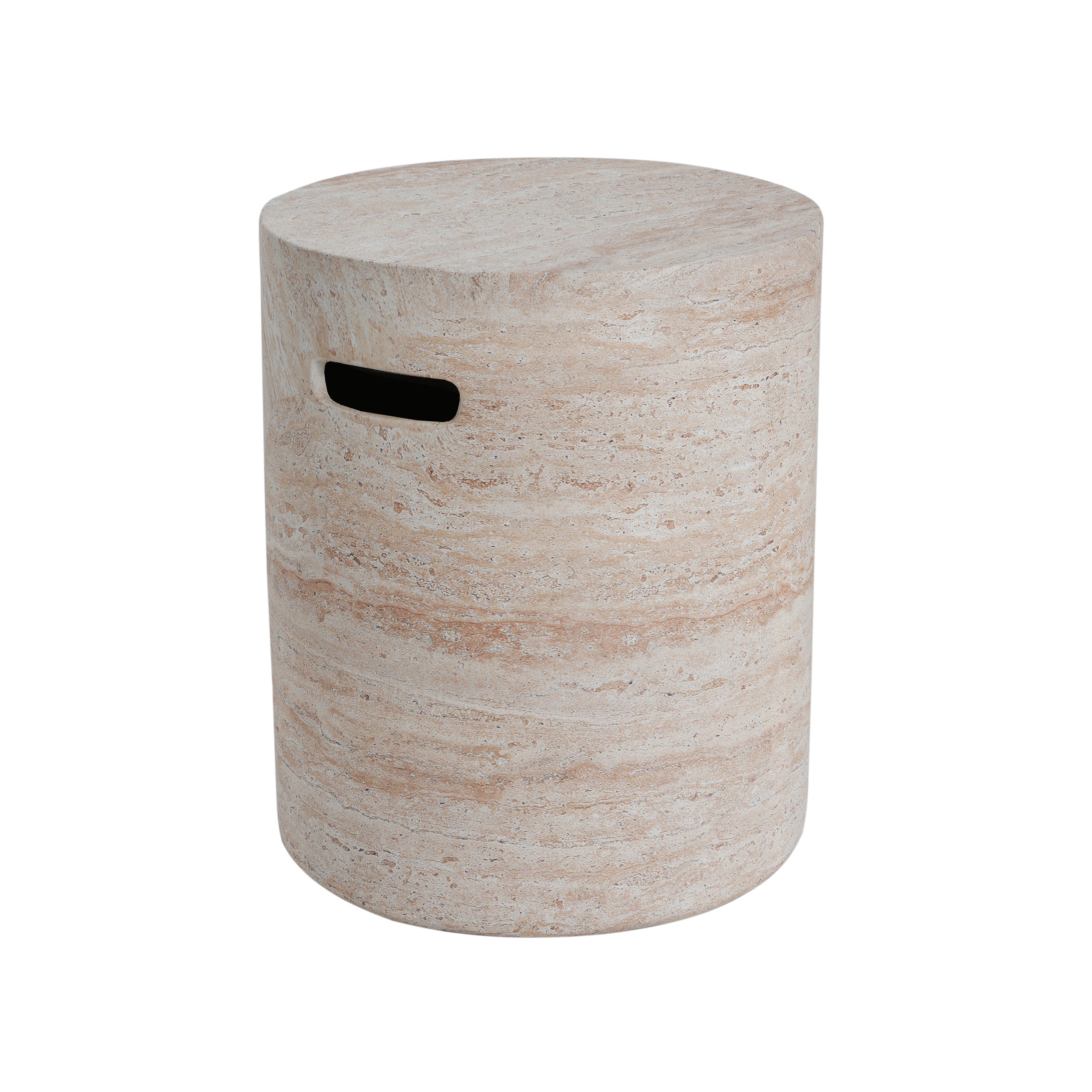 Modern Concrete Side Table with Travertine Finish, Indoor/Outdoor Use, Beige, 15.5 x 15.5 x 18.5 inches
