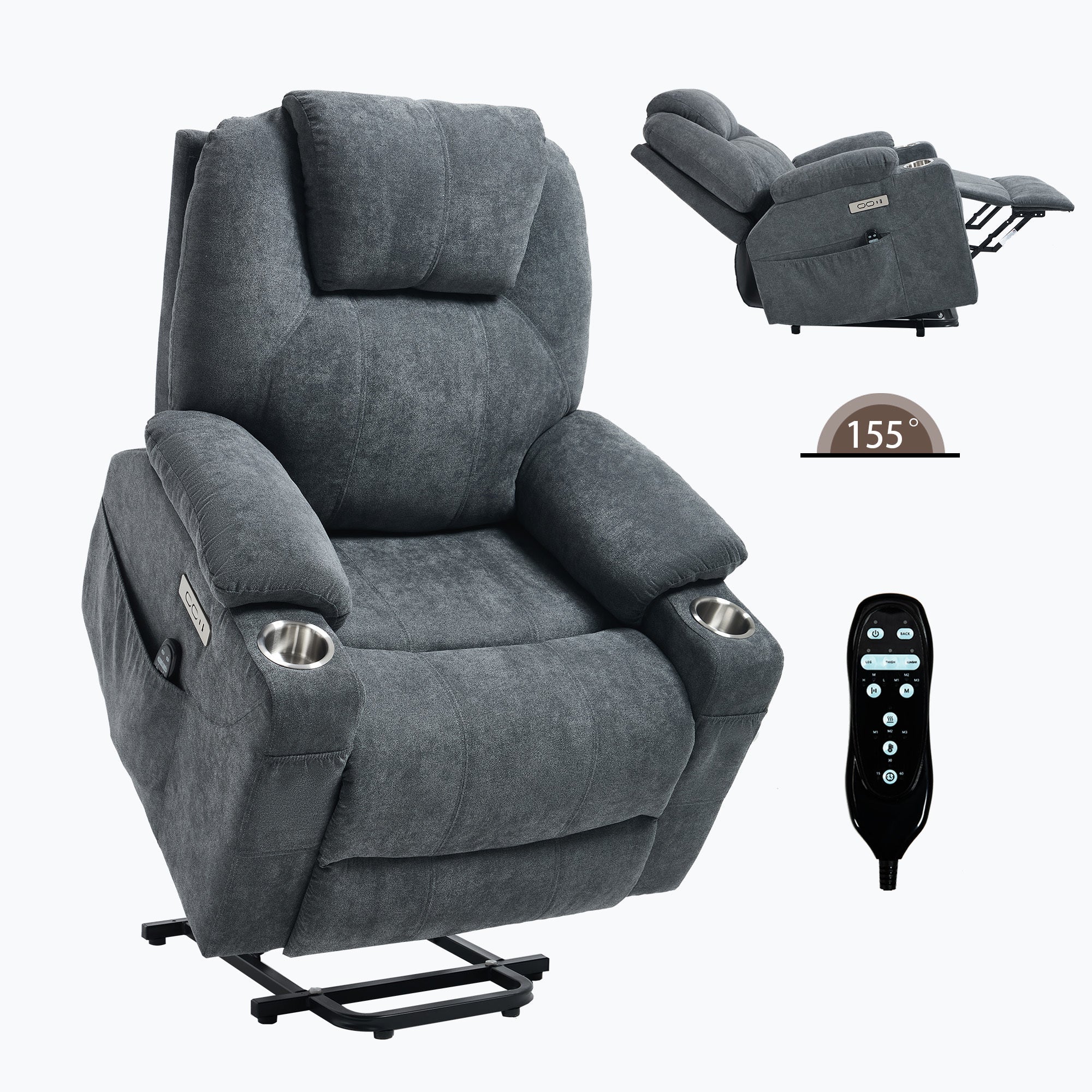 Up to 350 LBS polyester Power Lift Recliner Chair, Heavy Duty Motion Mechanism with 8-Point Vibration Massage and Lumbar Heating, USB and Type-C Ports, Stainless Steel Cup Holders, Grey
