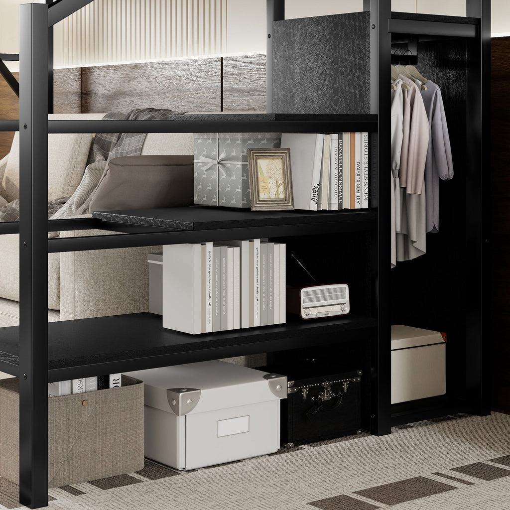 Twin XL Size Loft Bed with Stairs, Metal Full Loft Bed with Storage Shelves, High Loft Bed with Wardrobe for Kids Teens, Black(Expect Arrival Date 2025/10/14)