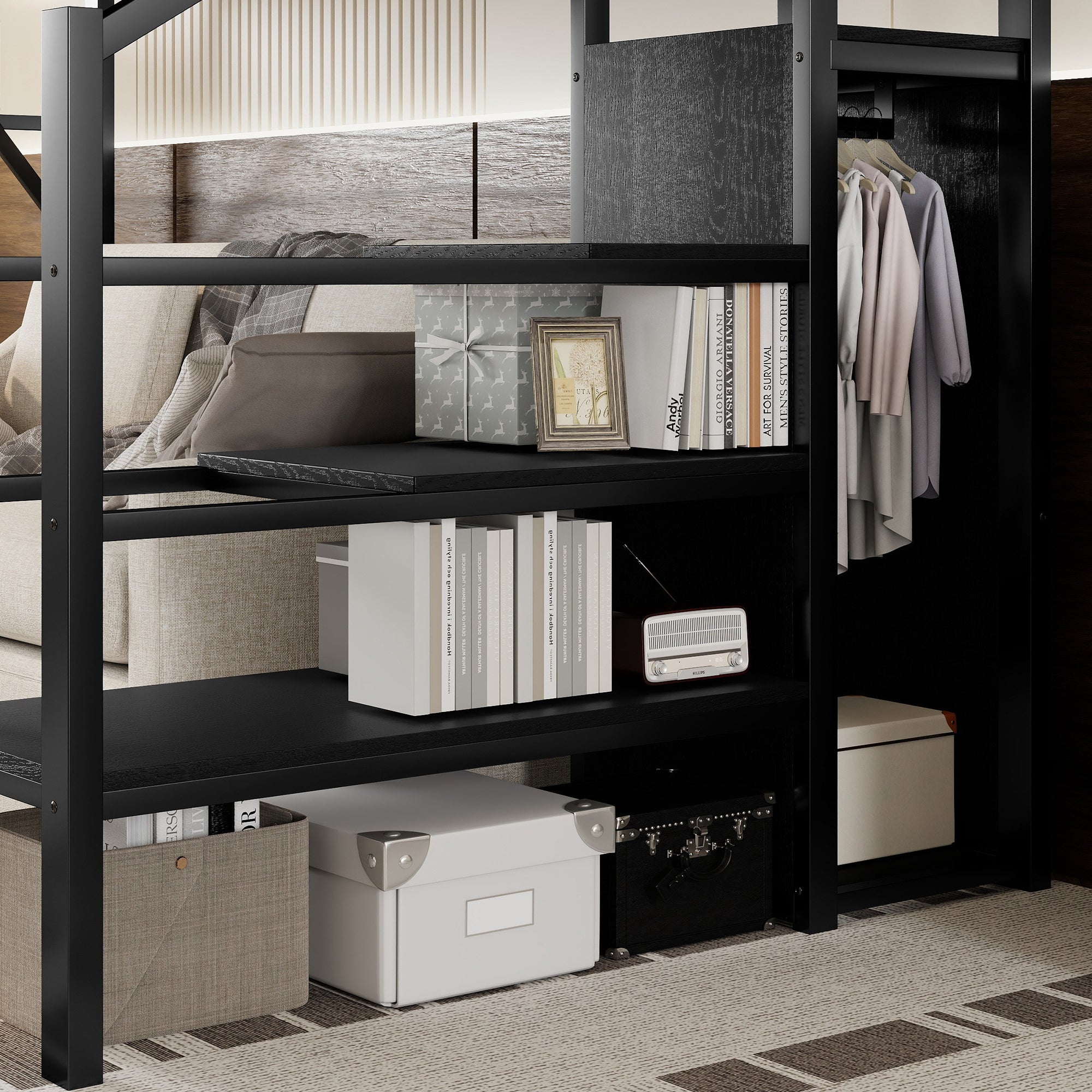Twin XL Size Loft Bed with Stairs, Metal Full Loft Bed with Storage Shelves, High Loft Bed with Wardrobe for Kids Teens, Black(Expect Arrival Date 2025/10/14)