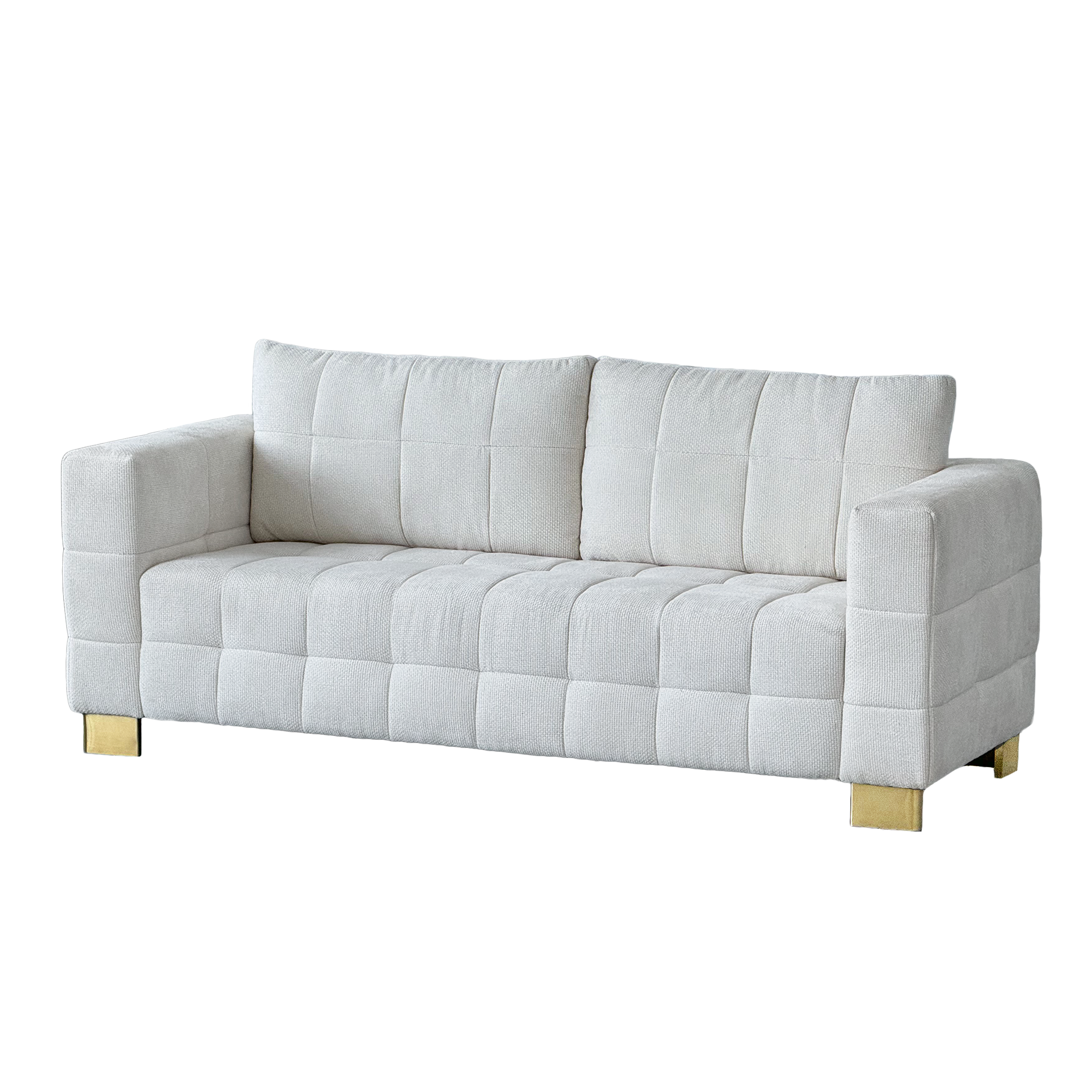 FX-P54-BE SOFA  Contemporary Beige Chenille Couch, Deep-Seat 3-Person Sofa with Wide Armrests & Brushed Stainless-Steel Block Legs Soft Upholstered Sofa for Living Room