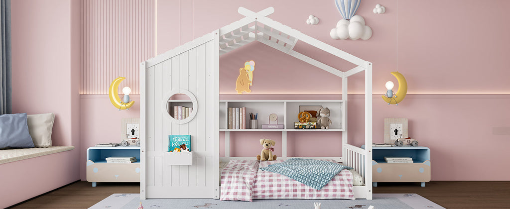 Twin Size Floor House Bed for Toddler, Kids Montessori Bed  with Storage Shelf, Playhouse Bed with Roof Design, White