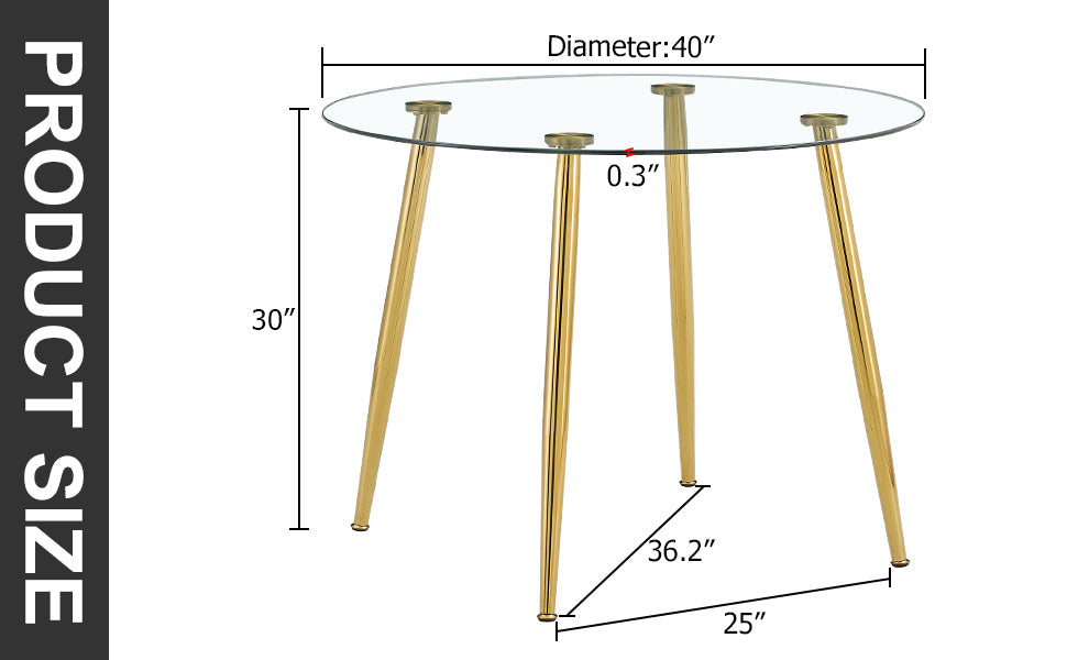 A glass tabletop with a diameter of 40 inches and a modern minimalist circular dining table with gold plated metal legs. 40 '* 40' * 30 ' DT-1164.W1151S00375