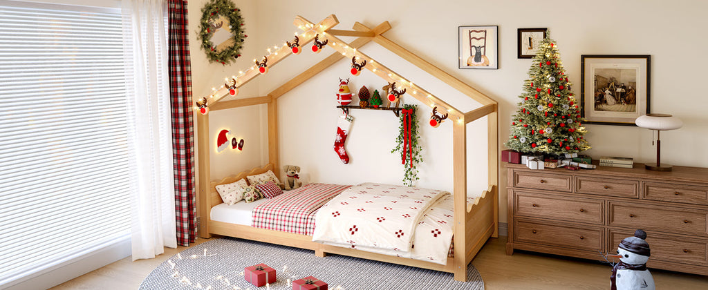 Twin House Floor Bed with Support Slats, Solid Wood House Bed Frame for Kids, No Box Spring Needed and Opening Constructure, Natural