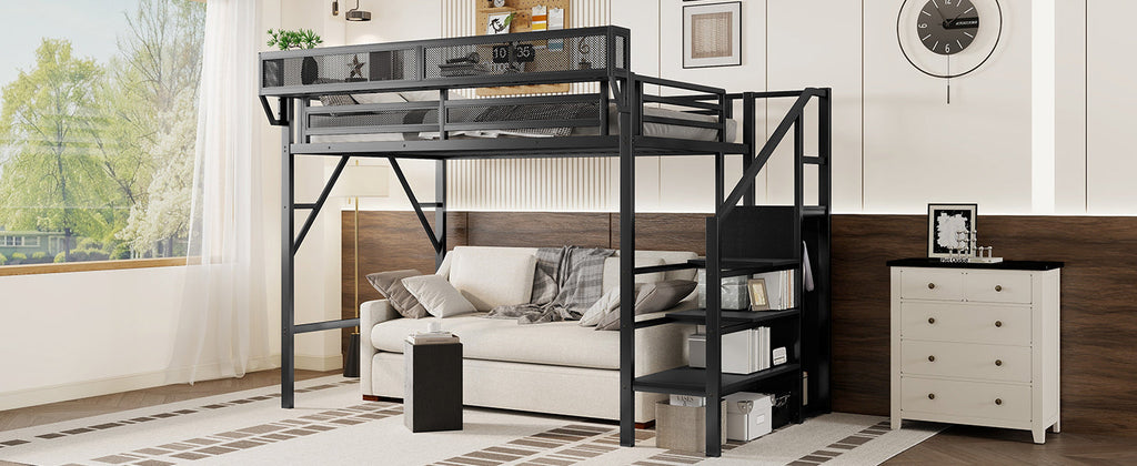 Twin XL Size Loft Bed with Stairs, Metal Full Loft Bed with Storage Shelves, High Loft Bed with Wardrobe for Kids Teens, Black(Expect Arrival Date 2025/10/14)