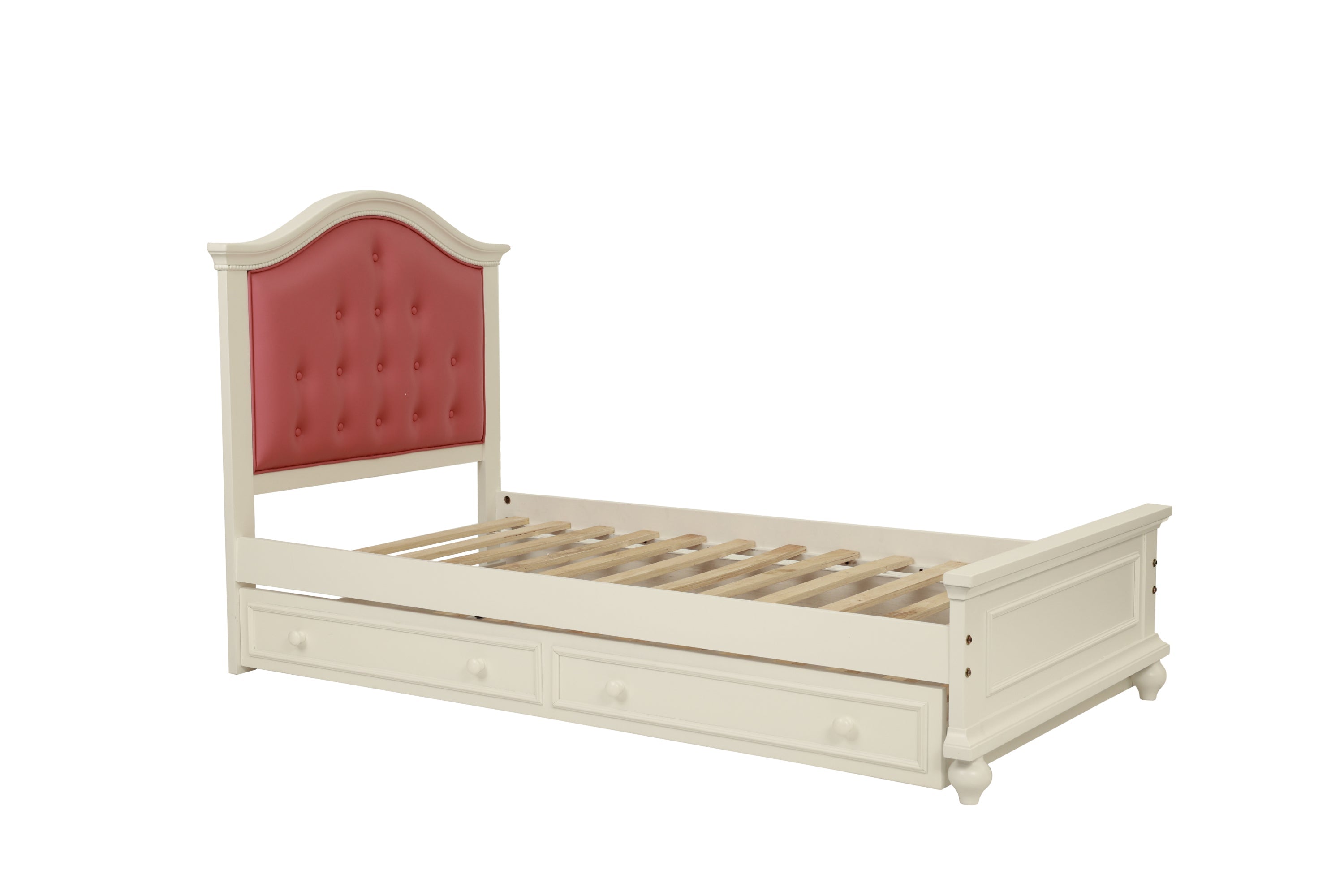 Contemporary Style Twin Size Bed w/ Trundle Slats Pine Plywood Kids Youth Bedroom Furniture Pink Faux Leather Tufted HB