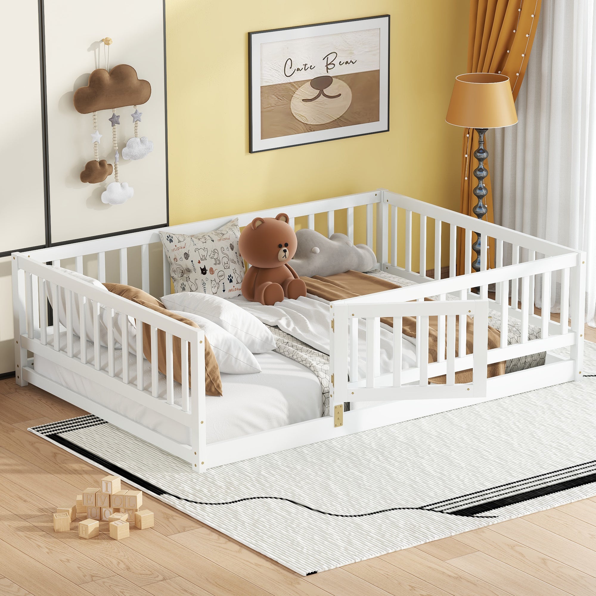 Full Size Floor Bed with Slats, Montessori Floor Bed with Fence and Door, Kids Montessori Bed Full Size, Wood Montessori Floor Bed for Kids, Girls, Boys(White)
