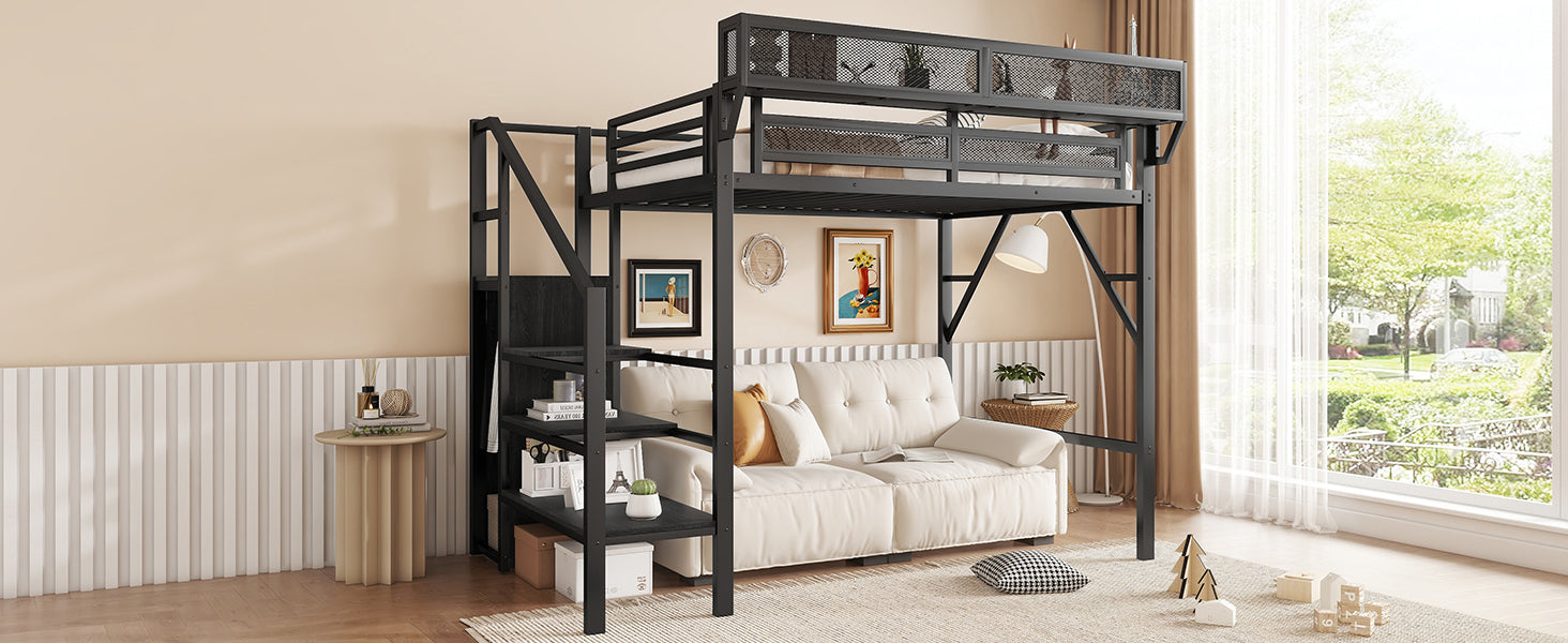 Twin Size Loft Bed with Stairs, Metal Full Loft Bed with Storage Shelves, High Loft Bed with Wardrobe for Kids Teens, Black(Expect Arrival Date 2025/9/22)