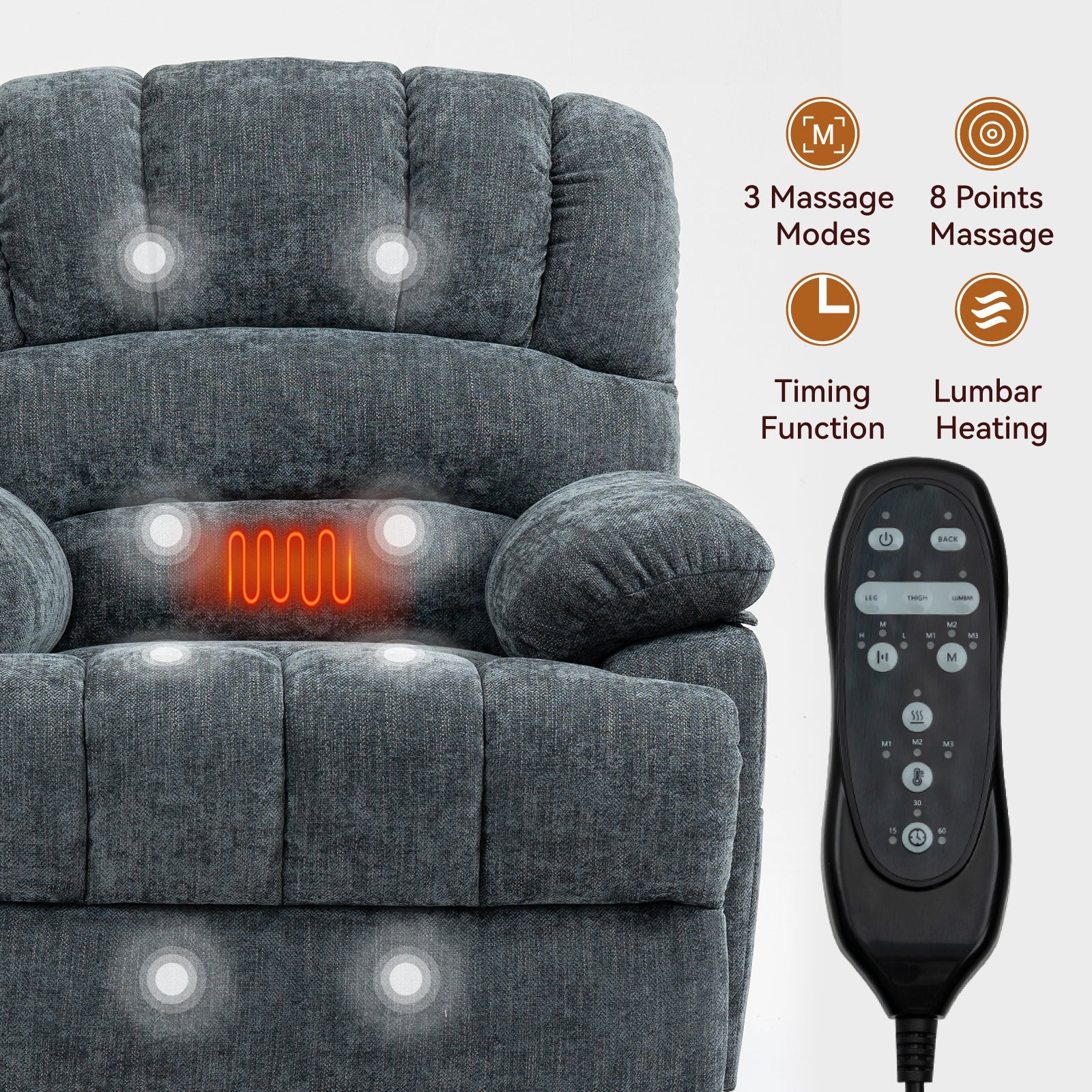 23' Seat Width and High Back Large Size Blue Grey Chenille Power Lift Recliner Chair with 8-Point Vibration Massage and Lumbar Heating