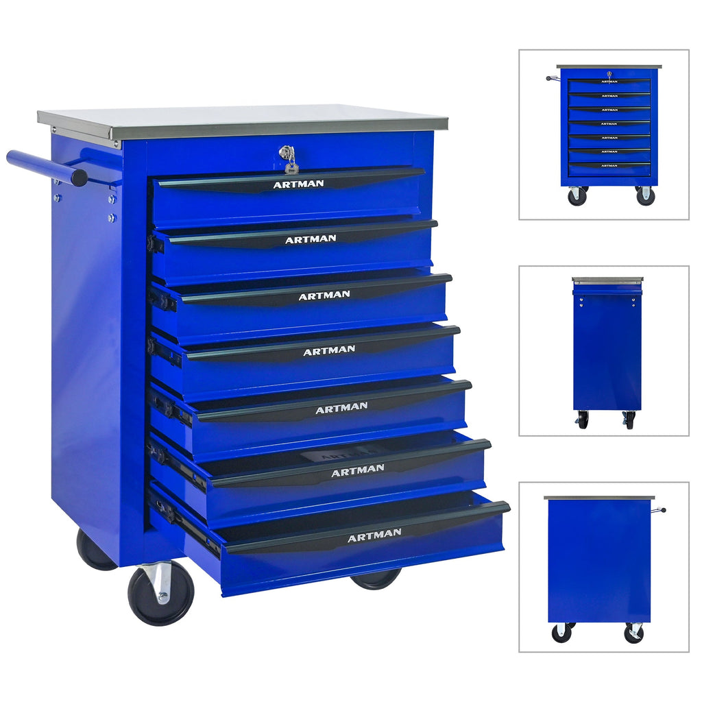 7 Drawers Multifunctional Tool Cart with Wheels,Metal Rolling Tool Cart Storage for Garage Workshop Warehouse Repair Shop--With Stainless Steel Roof- BLACK&BLUE
