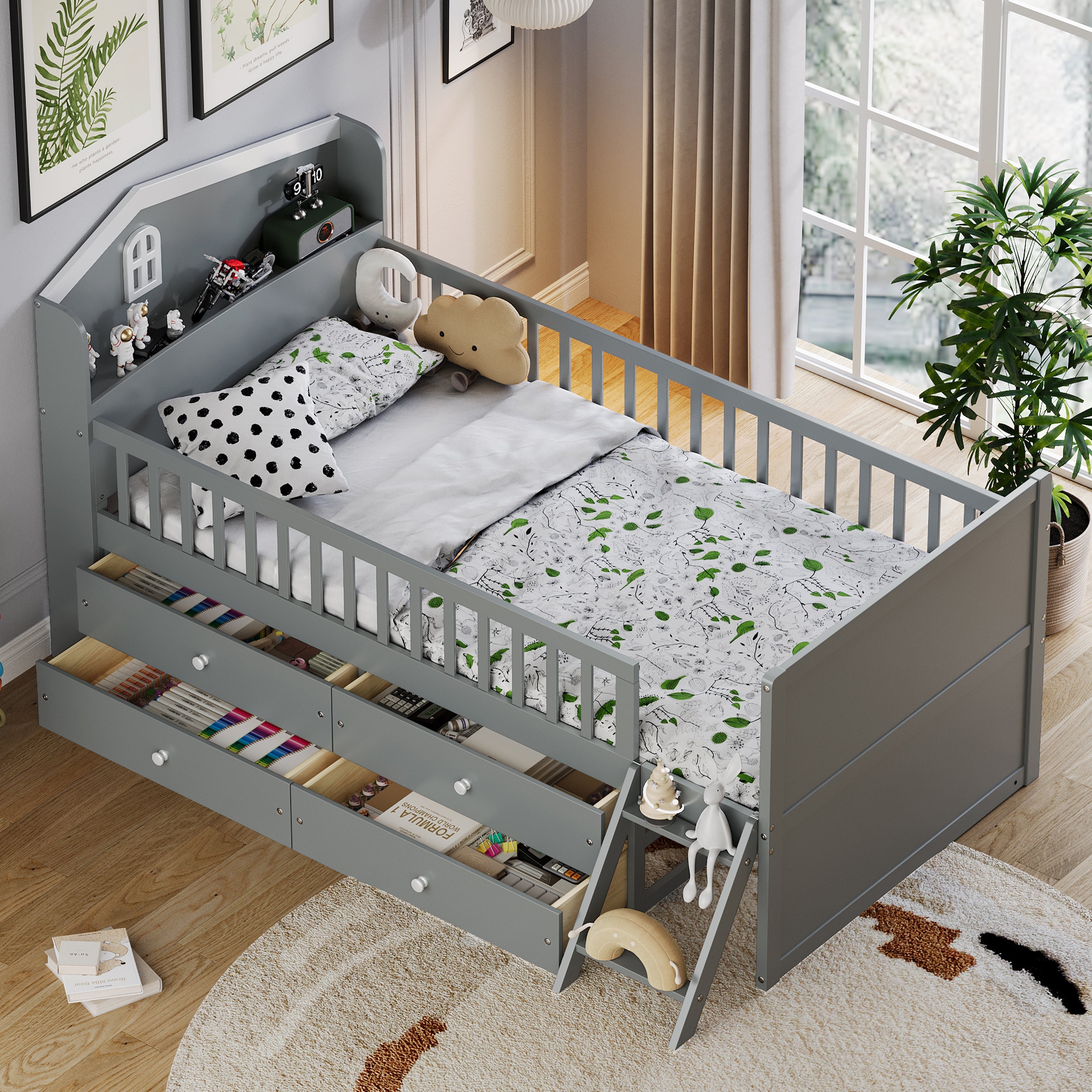 Twin Bed Frame with Storage 4 Drawers,Wooden Bed Frame for Kids,Platform Twin Size Bed with Guardrail Headboard and Ladder, No Box Spring Needed, Easy Assembly, Gray