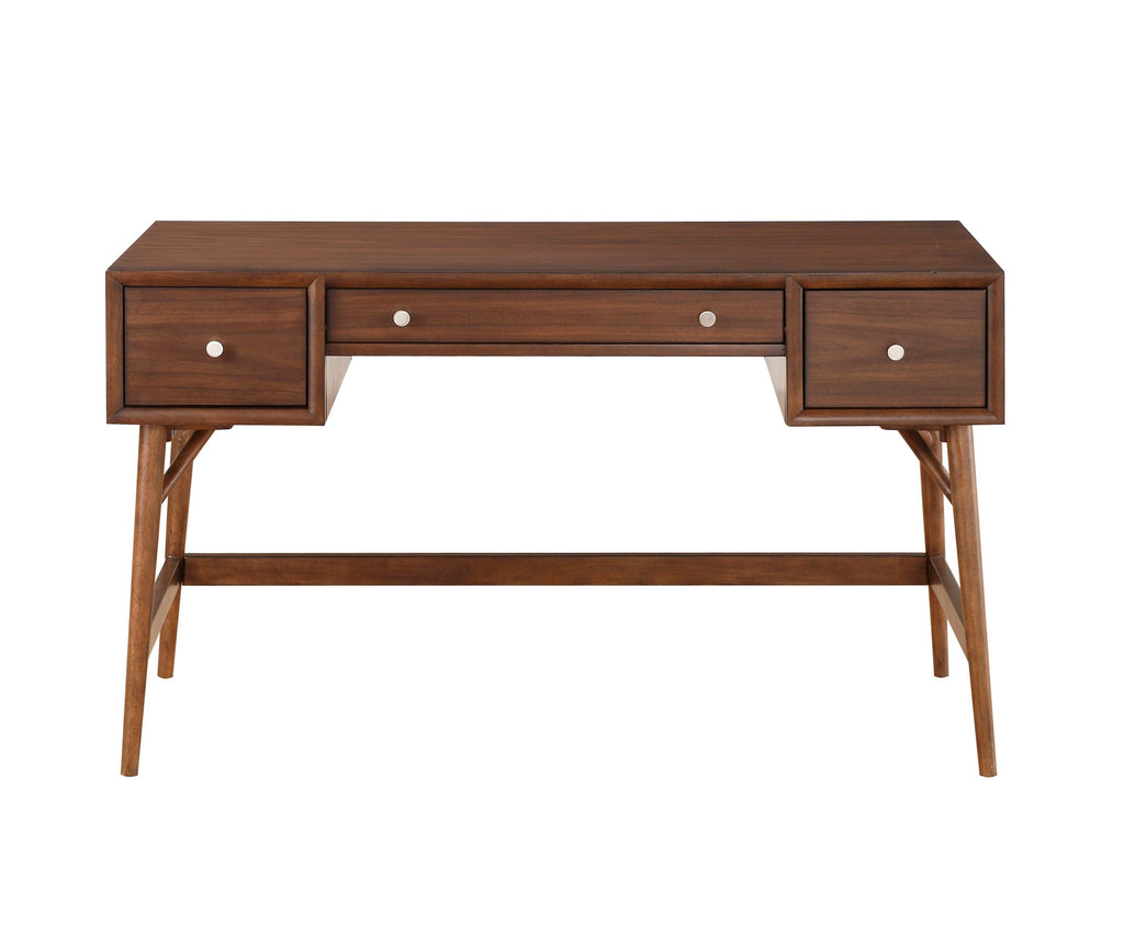 Brown Finish Stylish Writing Desk Storage Drawers Nickel Knob Hardware Walnut Veneer Wood Furniture