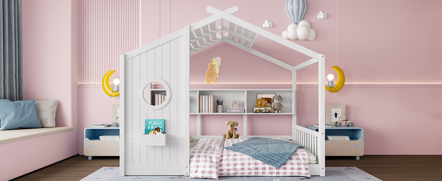 Full Size Floor House Bed for Toddler, Kids Montessori Bed  with Storage Shelf, Playhouse Bed with Roof Design, White
