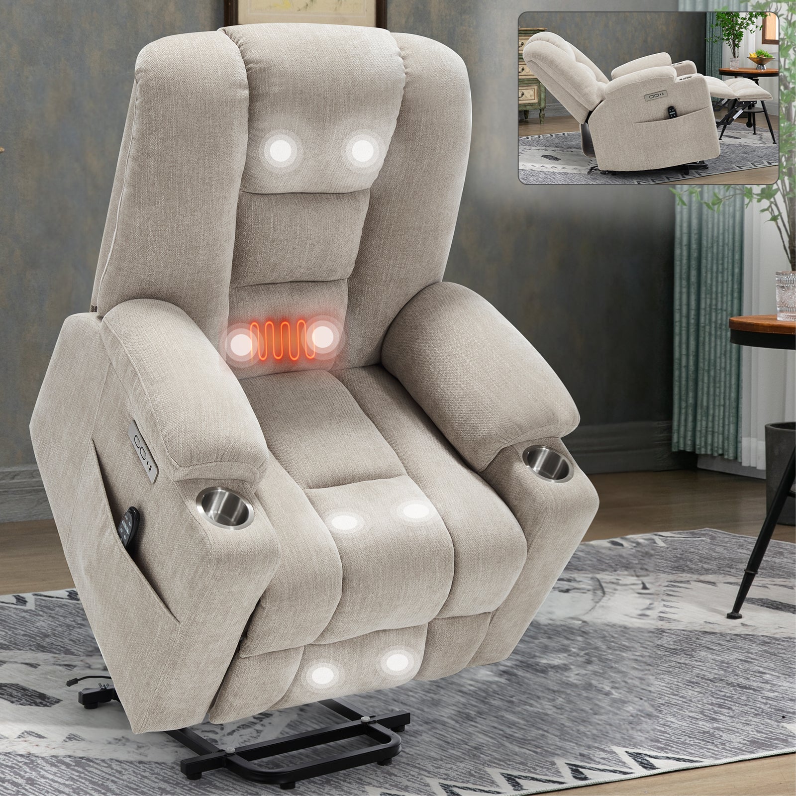 Power Lift Recliner Chair with Massage and Heat for Elderly, Overstuffed Wide Recliners, Heavy Duty Motion Mechanism with USB and Type C Ports, 2 Steel Cup Holders, Beige