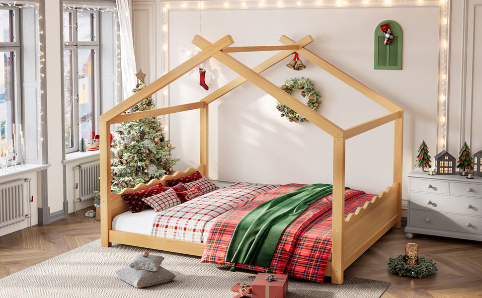 Queen House Floor Bed with Support Slats, Solid Wood House Bed Frame for Kids, No Box Spring Needed and Opening Constructure, Natural