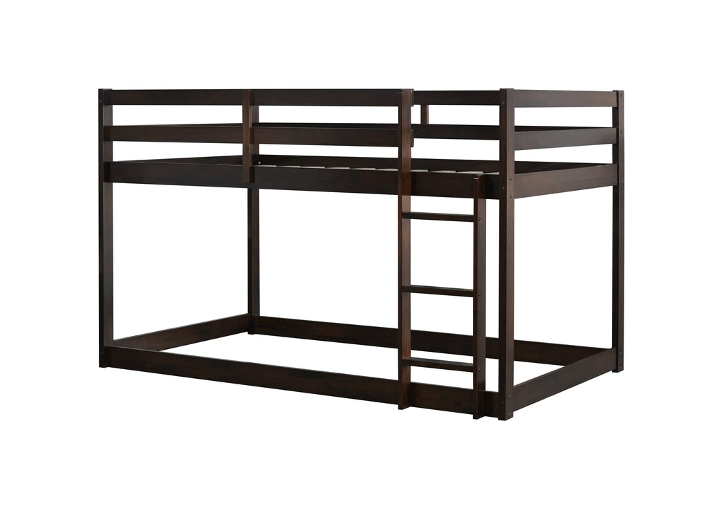 Solid Wooden, Solid Rubber Wooden Twin over Twin Floor Bunk Bed with Ladder, with Bed Platform of Strengthened Slats  , Espresso