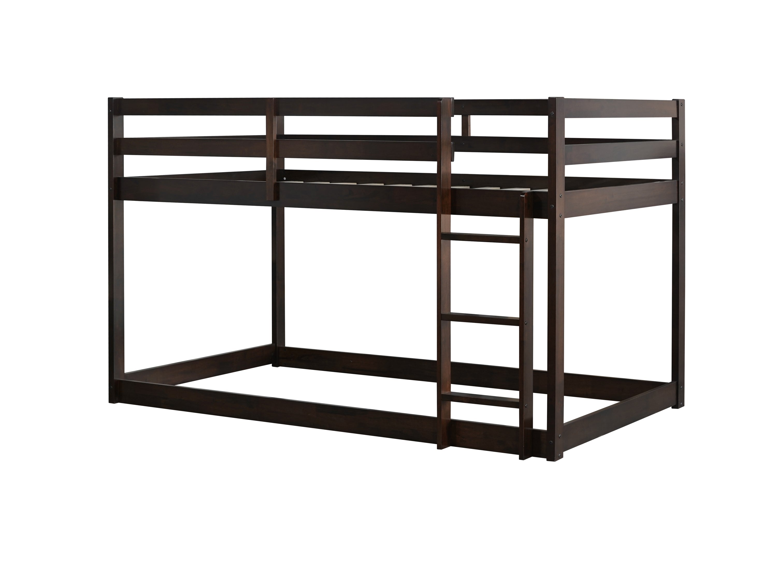 Solid Wooden, Solid Rubber Wooden Twin over Twin Floor Bunk Bed with Ladder, with Bed Platform of Strengthened Slats  , Espresso
