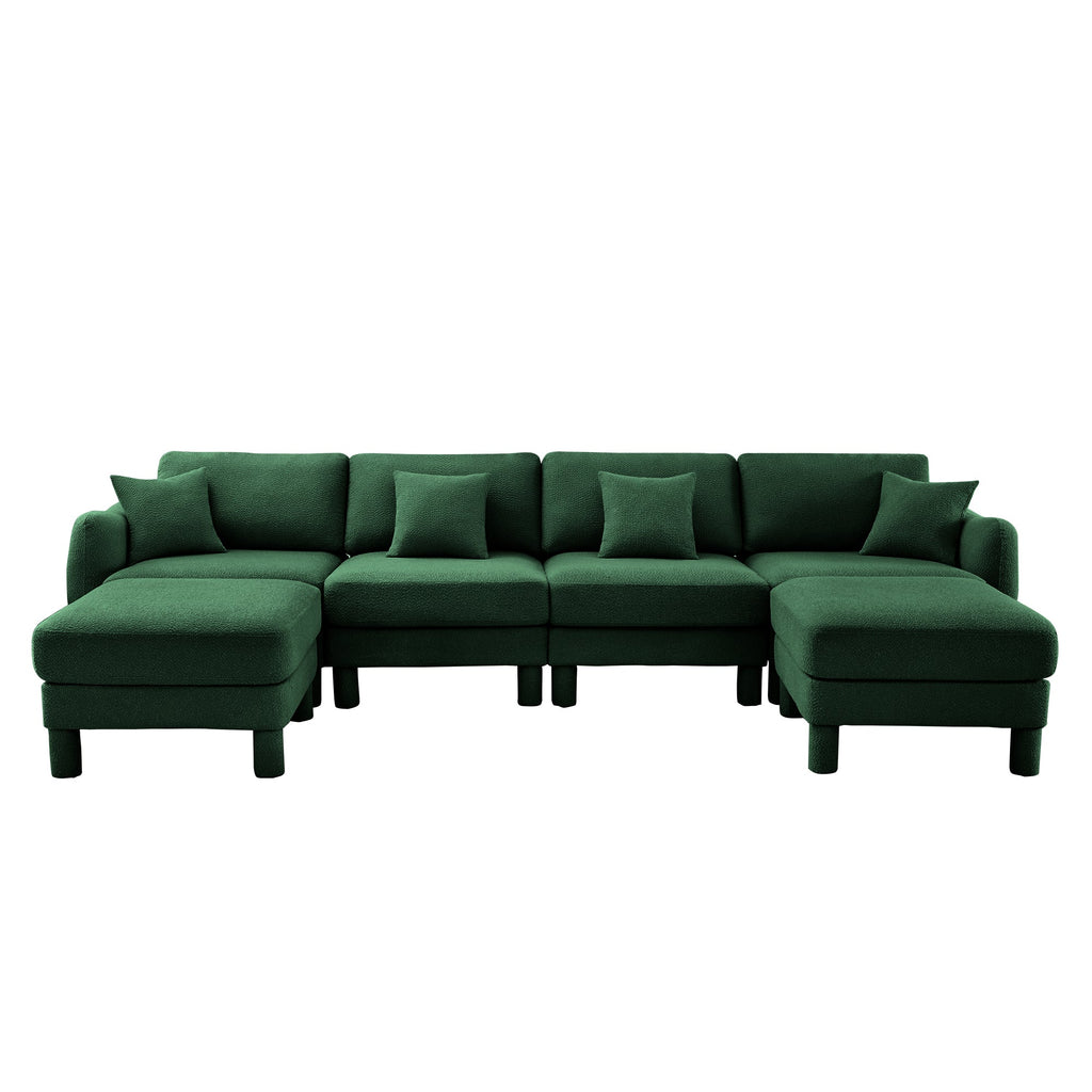 Boucle Fabric U Shape Sectional 4-seater Sofa Couch With Distinctive Shell-shaped Armrests And 2 Movable Ottomans,Cylindrical Legs Wrapped with Self-fabric,Green Color