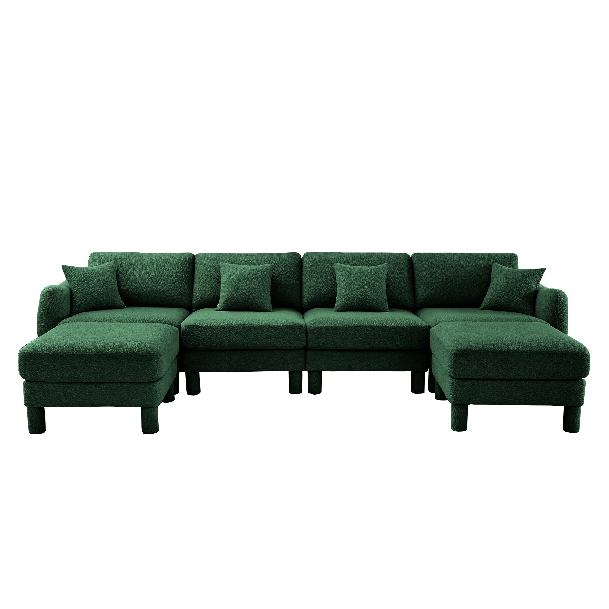 Boucle Fabric U Shape Sectional 4-seater Sofa Couch With Distinctive Shell-shaped Armrests And 2 Movable Ottomans,Cylindrical Legs Wrapped with Self-fabric,Green Color