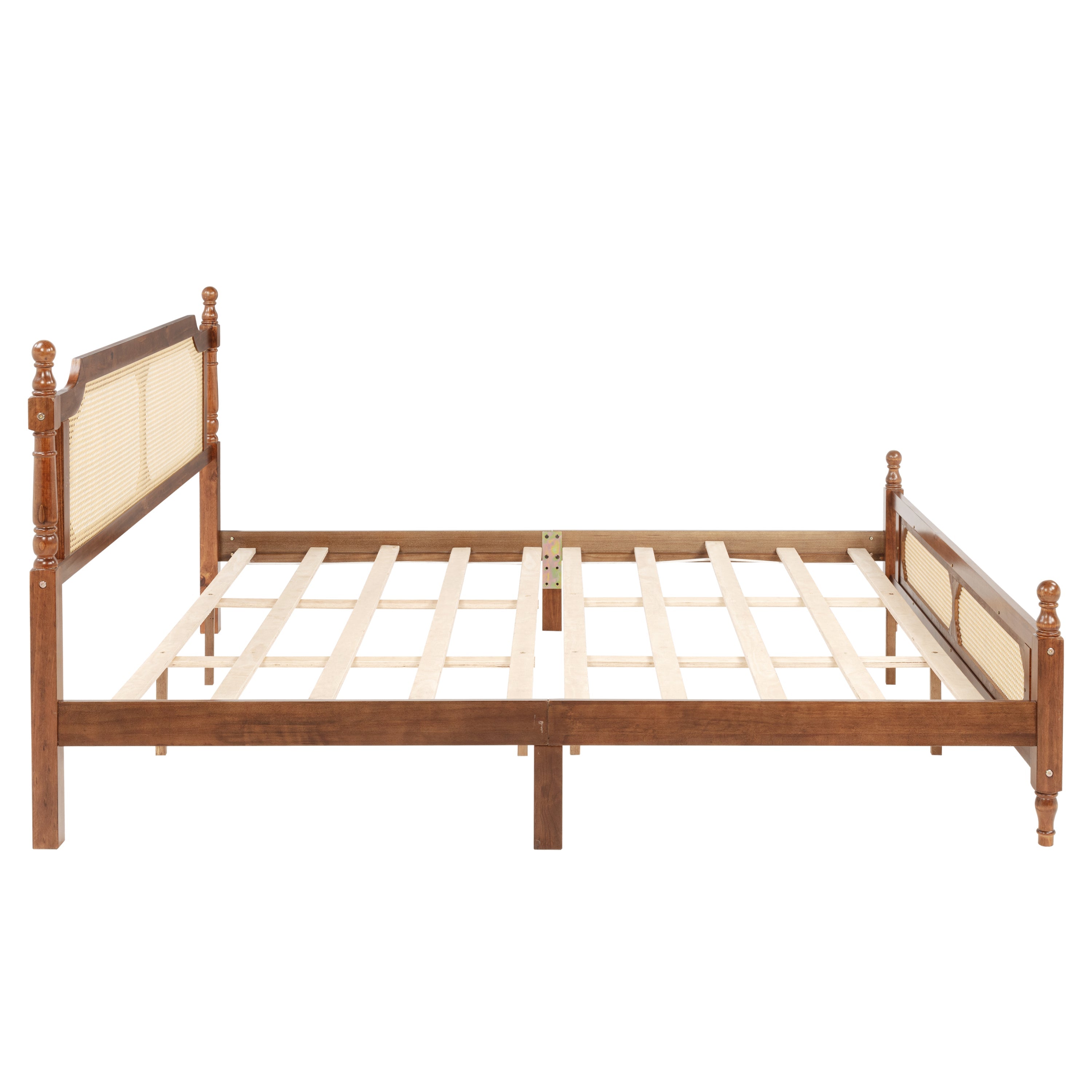 King Pine wooden Bed with Rattan Headboard  and Footboard, with  Central Enhanced Bed Platform,Walnut
