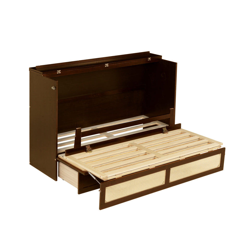 Queen Size Murphy Bed, Pine Wood Cabinet Bed with Rattan Decoration and Storage Drawer,Walnut