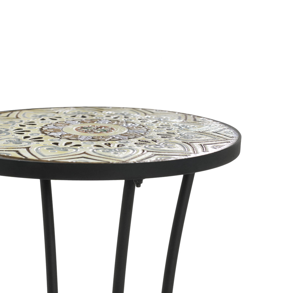 Ceramic Tile and Iron Patio Side Table with Shelf, Brown and Black, 14-inch Diameter