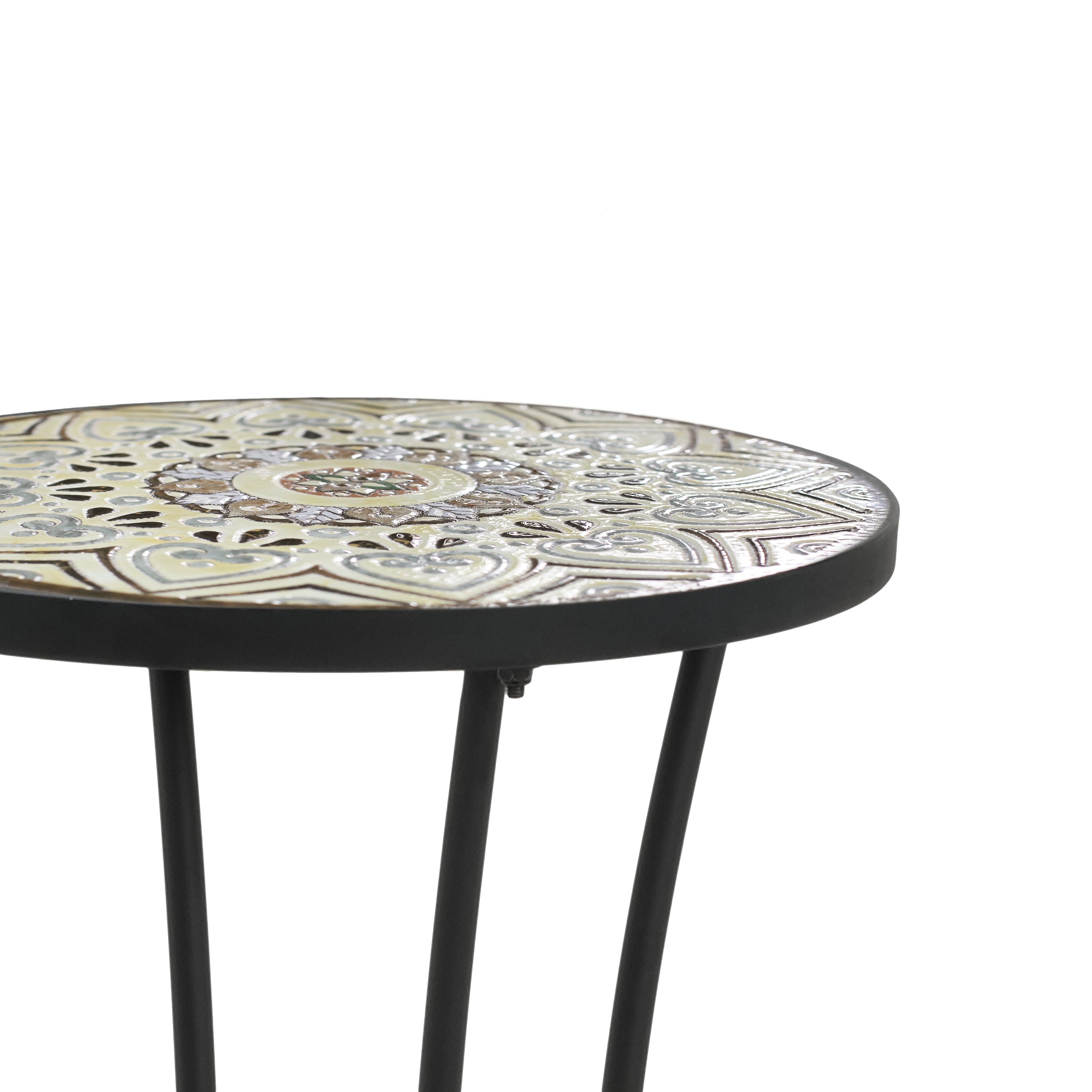 Ceramic Tile and Iron Patio Side Table with Shelf, Brown and Black, 14-inch Diameter