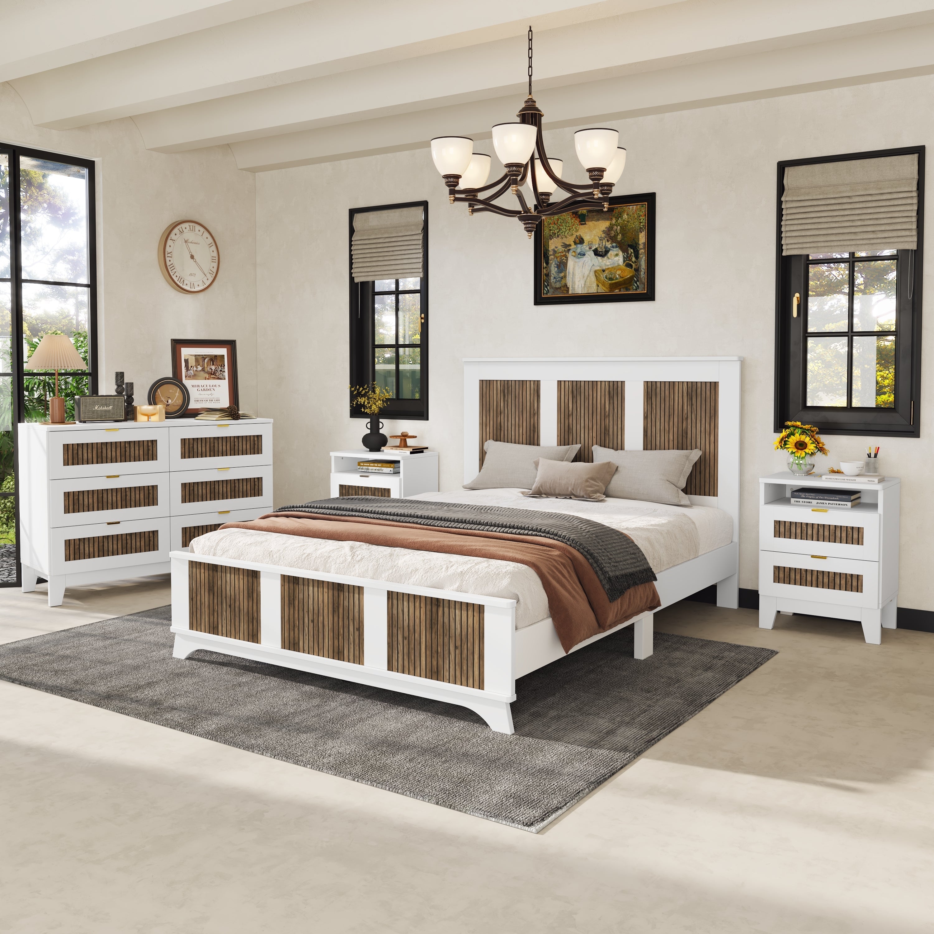 4-Pieces Bedroom Sets, Queen Size Farmhouse Platform Bed with Wooden Strip Stickers Decoration, Storage Nightstand and Dresser with Metal Handle, White(Old SKU: HL000191AAK)