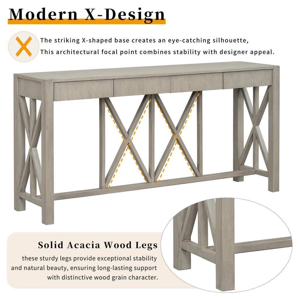 U_Style 60''Acacia Veneer Console Table with 4 Spacious Drawers, Modern Crisscross Design Entryway Table with Open Bottom Storage,Farmhouse Sofa Table for Living Room,Kitchen,Dining Room,Hallway