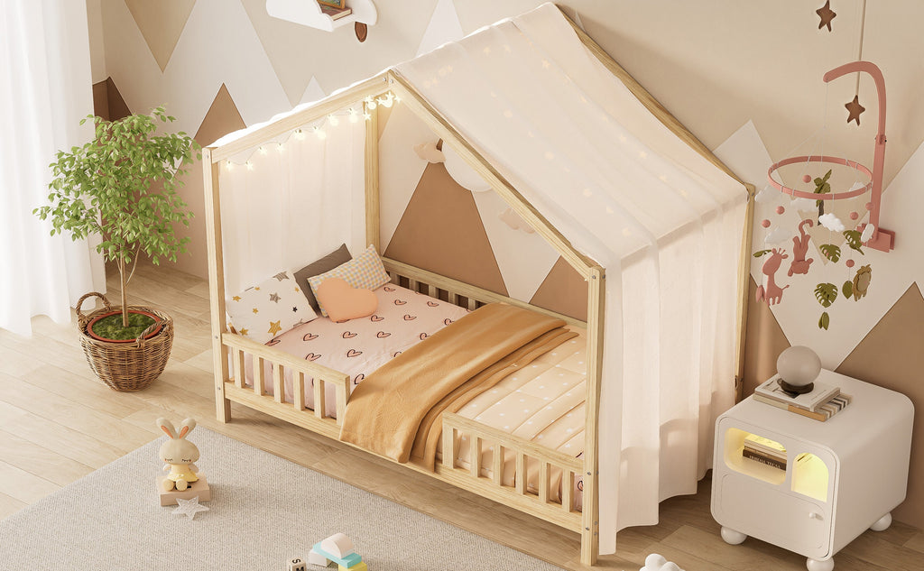 Montessori Floor Bed with Canopy, Twin Bed Frame for Kids, House Shape Kids Bed Frame with High Railings, Wood Kids Bed with Roof, Kid Twin Bed, Natural