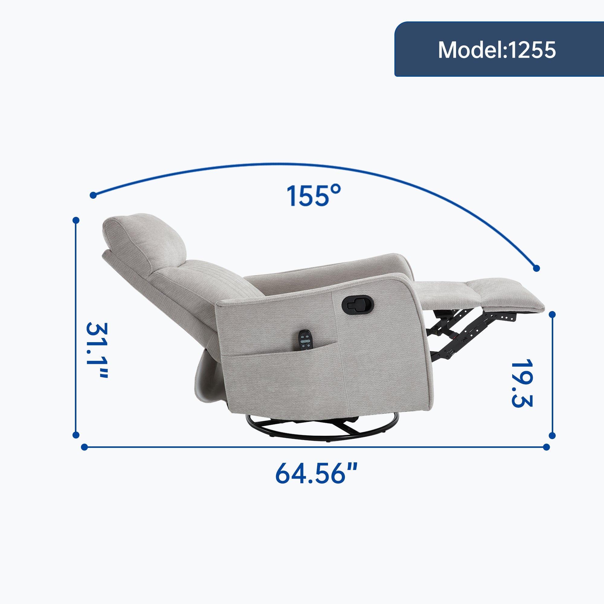 Light Grey Heat Massage Manual Recliner Chair with Rocker and Swivel in Fabric for Living Room