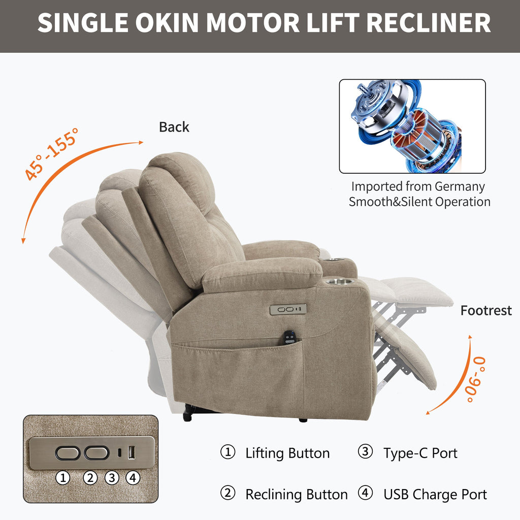 Up to 350 LBS polyester Power Lift Recliner Chair, Heavy Duty Motion Mechanism with 8-Point Vibration Massage and Lumbar Heating, USB and Type-C Ports, Stainless Steel Cup Holders, Khaki