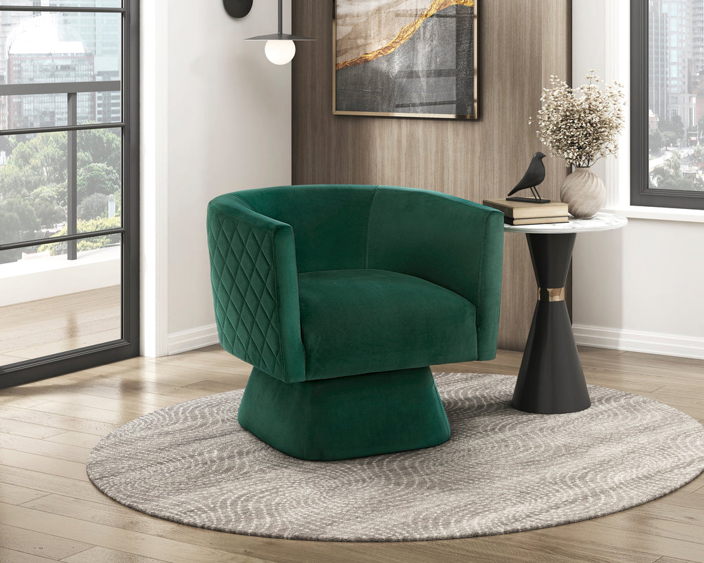1pc Swivel Chair Green Velvet Fabric Upholstery Solid Wood Diamond Pattern Stitched Back Comfort Chair Living Room Furniture