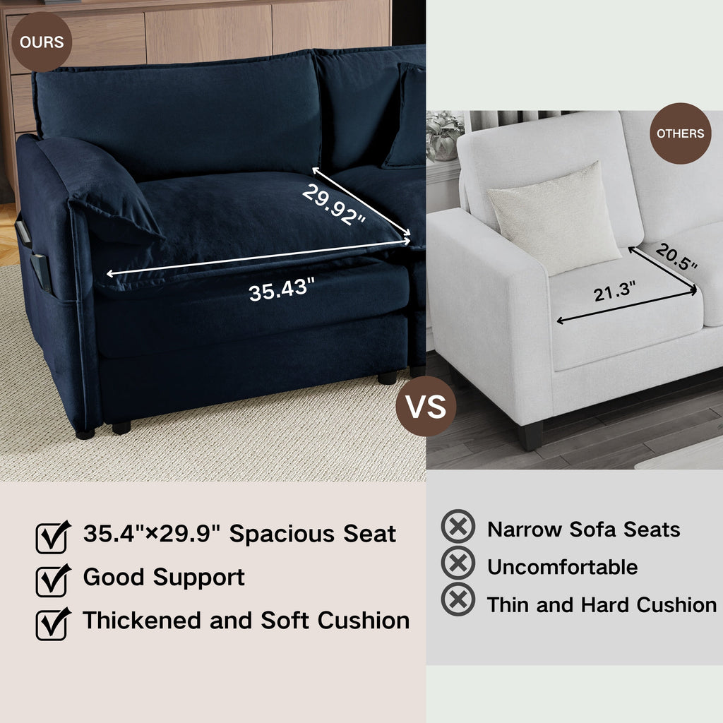 Modular Sectional Sofa, Oversized Deep Seat L Shaped Couch Set for Living Room, 3-Seater Comfy Cloud Couches with Movable Ottoman, DIY Combination, Chenille,Blue