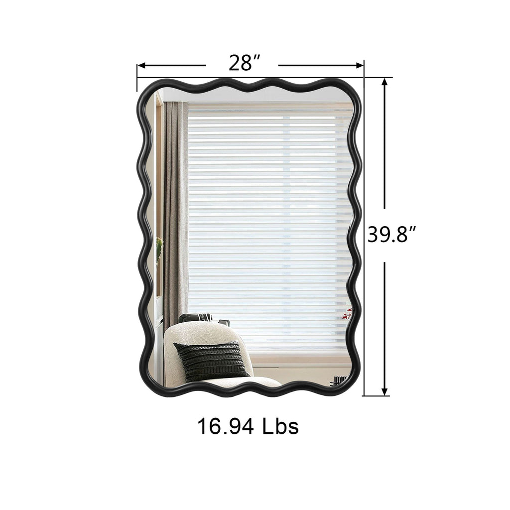Solid Wood Wavy Rectangle Mirror-Black 40" x 28" Modern Mirror Wall Decor for Bathroom, Bedroom, Living Room, Dining Room, Cloakroom, Entryway
