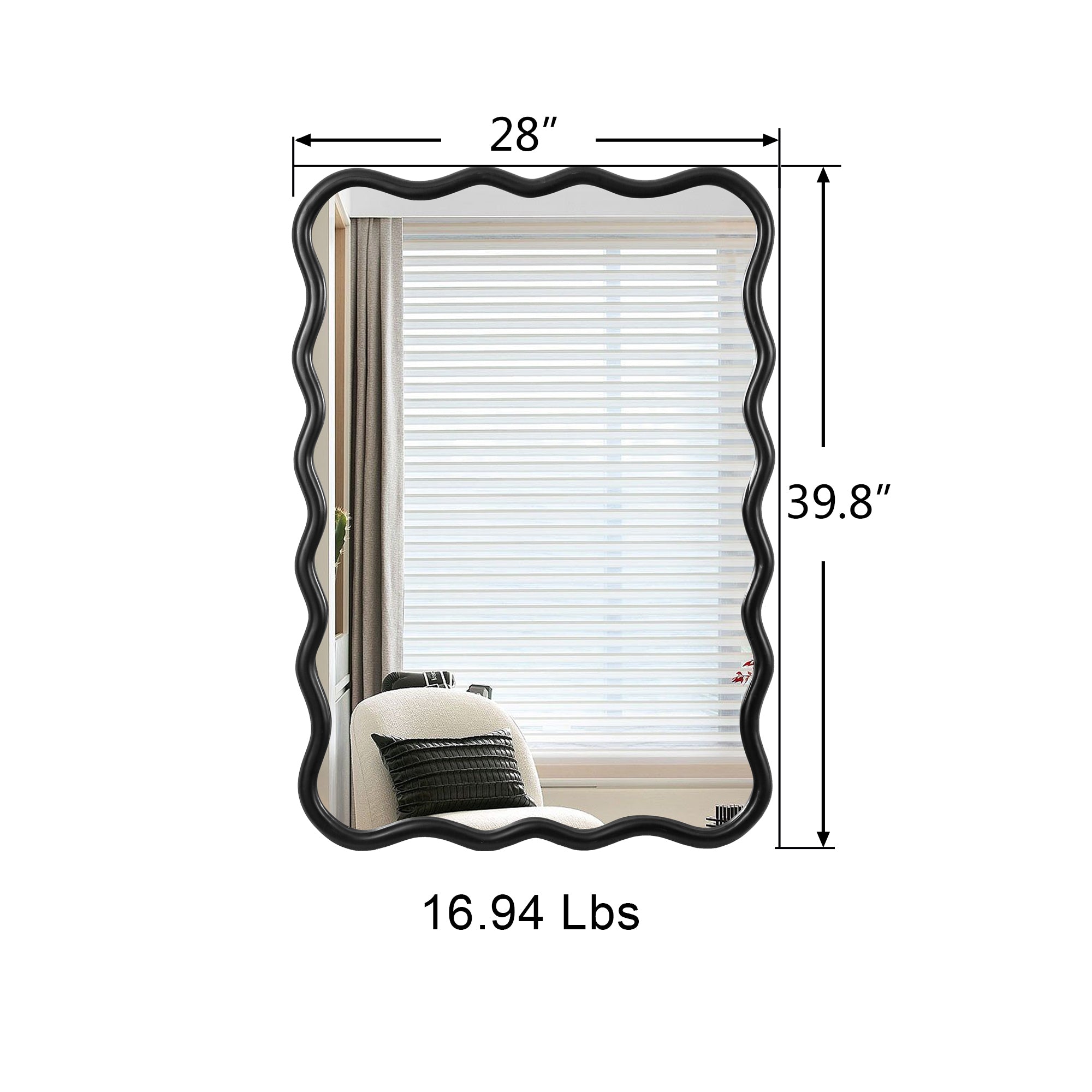 Solid Wood Wavy Rectangle Mirror-Black 40" x 28" Modern Mirror Wall Decor for Bathroom, Bedroom, Living Room, Dining Room, Cloakroom, Entryway
