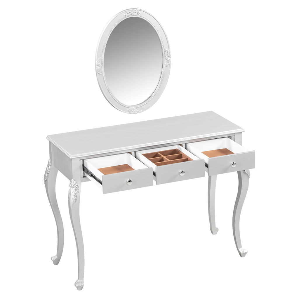 Luxury Makeup Vanity Desk with Oval Mirror, 3-Drawer Dressing Table for Jewelry Storage, Elegant Console Table for Entryway, Living Room & Bedroom, Stylish Home Decor,Silver