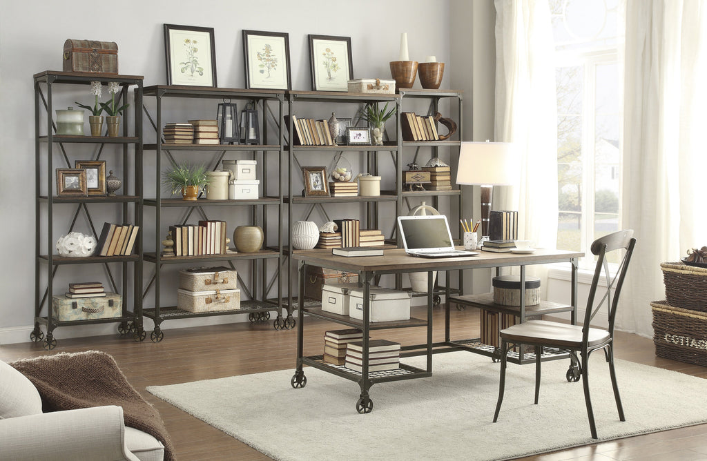 Modern Traditional Aesthetic 1pc Writing Desk with 4x Shelves Metal Casters Natural Finish and Rustic Black Metal Finish