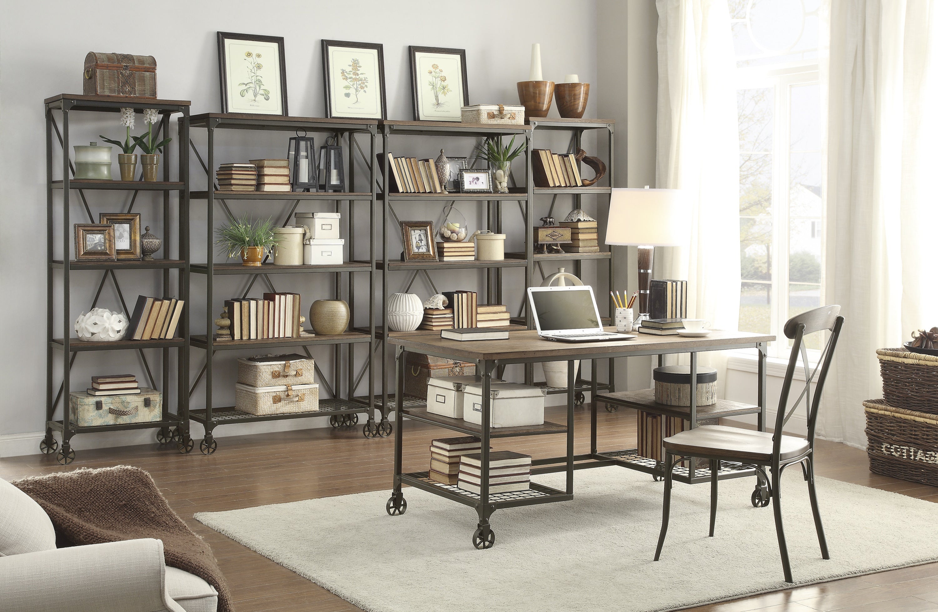 Modern Traditional Aesthetic 1pc Writing Desk with 4x Shelves Metal Casters Natural Finish and Rustic Black Metal Finish