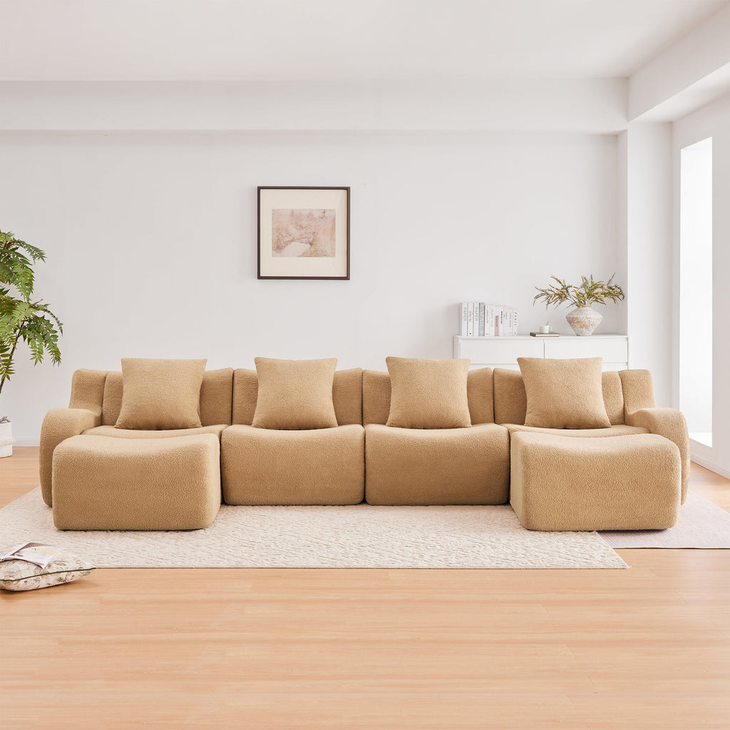 U-Shaped Boneless Sofa,Teddy Fabric No assembly required   Curved armrest,Anti-slip Design,Streamlined Design 32D High Density Sponge,Full Compression Vacuum Packag,For Studies living Rooms,Camel