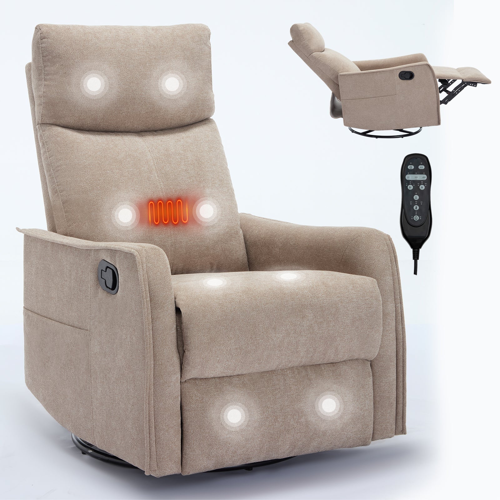 Heat Massage Manual Recliner Chair with Rocker and Swivel in Fabric for Living Room, Khaki