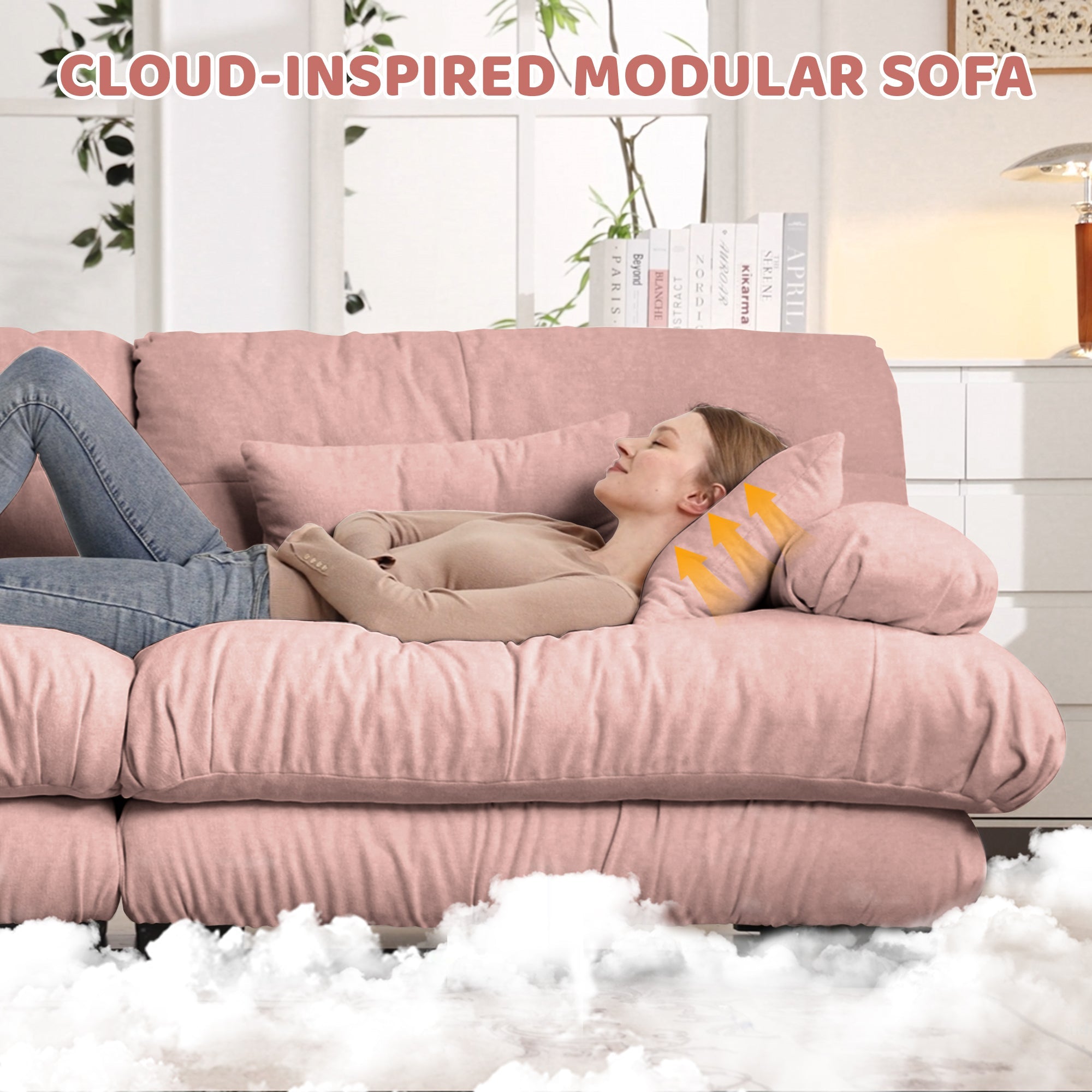 Free Combination Modular Sectional Sofa,U Shaped Couch for Living Room, 4-Seater Comfy Cloud Couch with 2 Ottomans, Chenille Pink