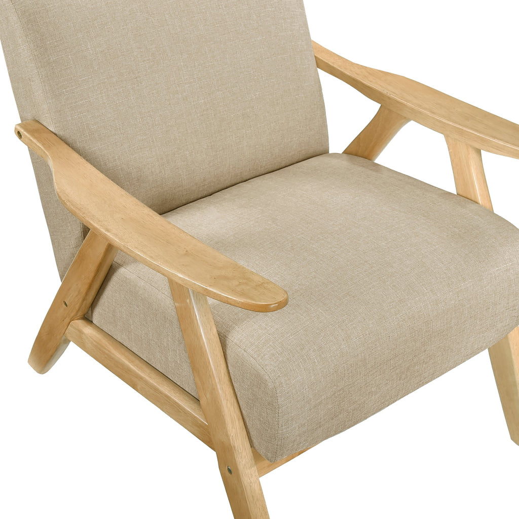 Modern Home Furniture Light Brown Fabric Upholstered 1pc Accent Chair Cushion Back and Seat Natural Finish Solid Rubber Wood Furniture