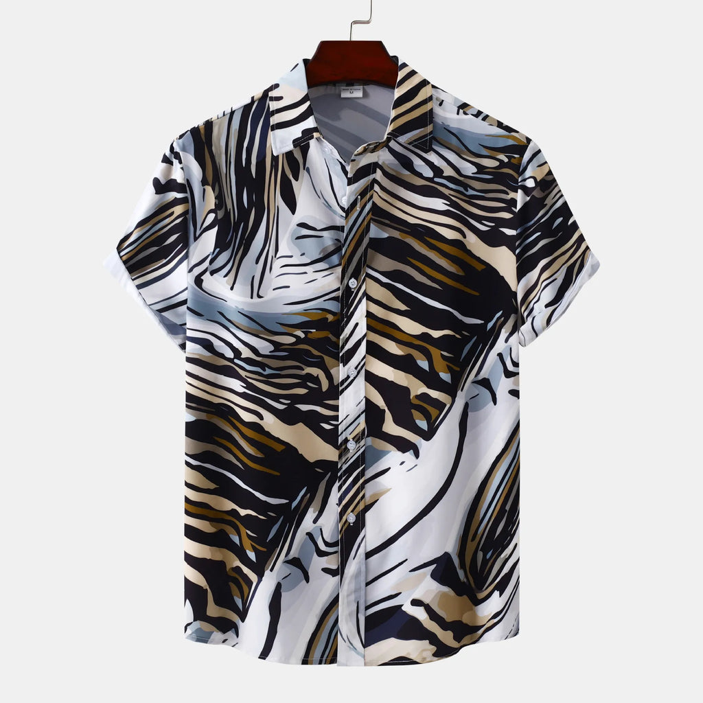 Abstract Tiger Print Short Sleeve Button-Up Shirt