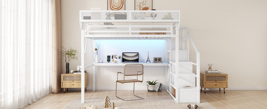 Queen Loft Bed with Desk and Charging Station, Queen Size Metal Loft Bed with Stairs and Light for Kids Teens,White(Old SKU W2580S00033)