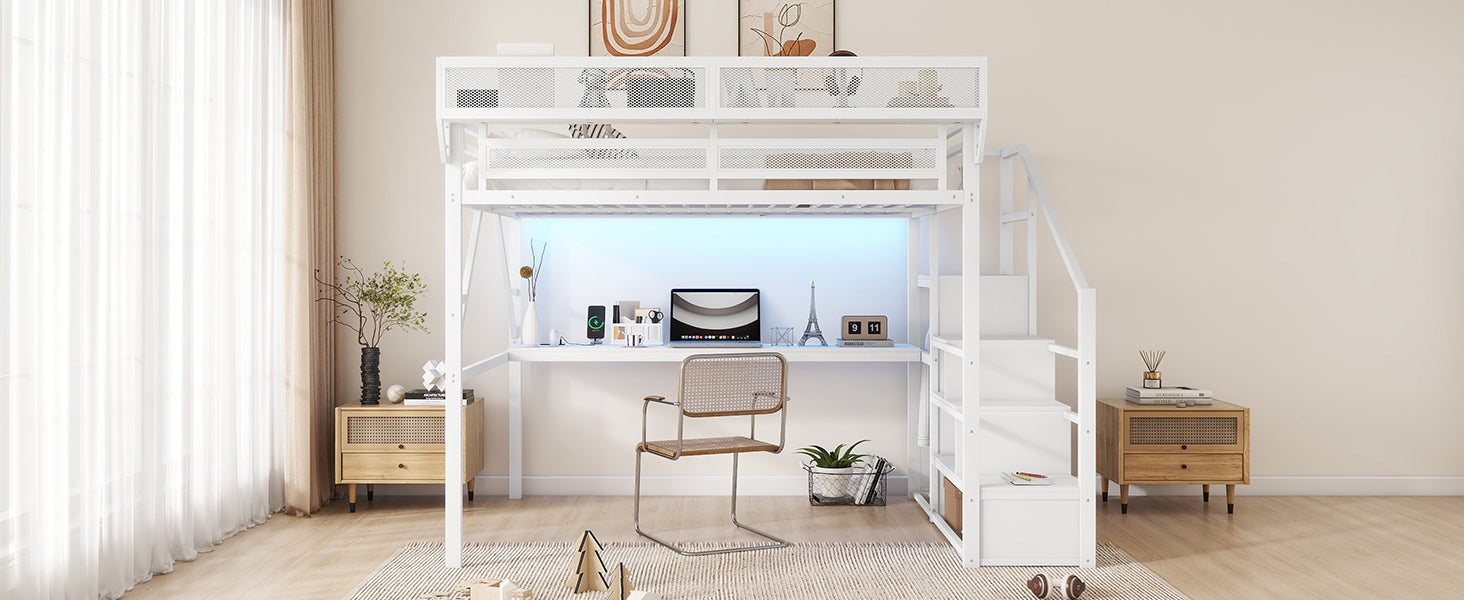 Queen Loft Bed with Desk and Charging Station, Queen Size Metal Loft Bed with Stairs and Light for Kids Teens,White(Old SKU W2580S00033)