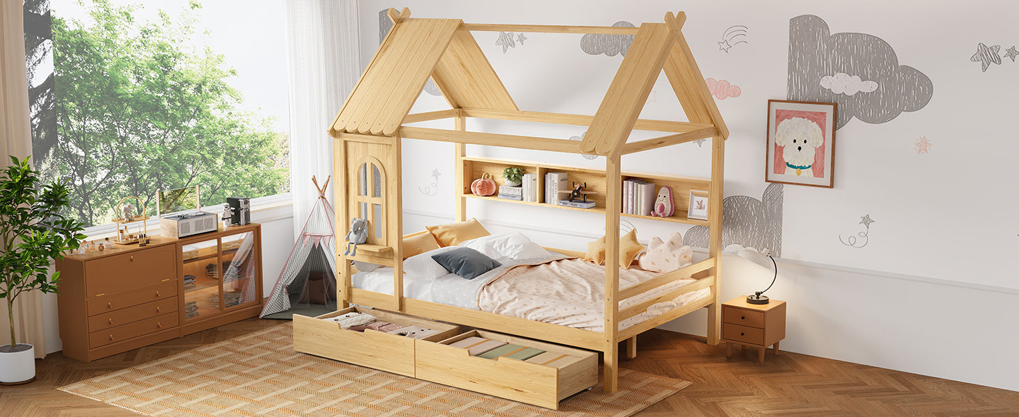 Full house Beds with Storage Drawers and Window, Solid Wood House Platform Bed Frame with shelves, for Kids, Girls, Boys, No Spring Box Needed and Childlike Design, Natural