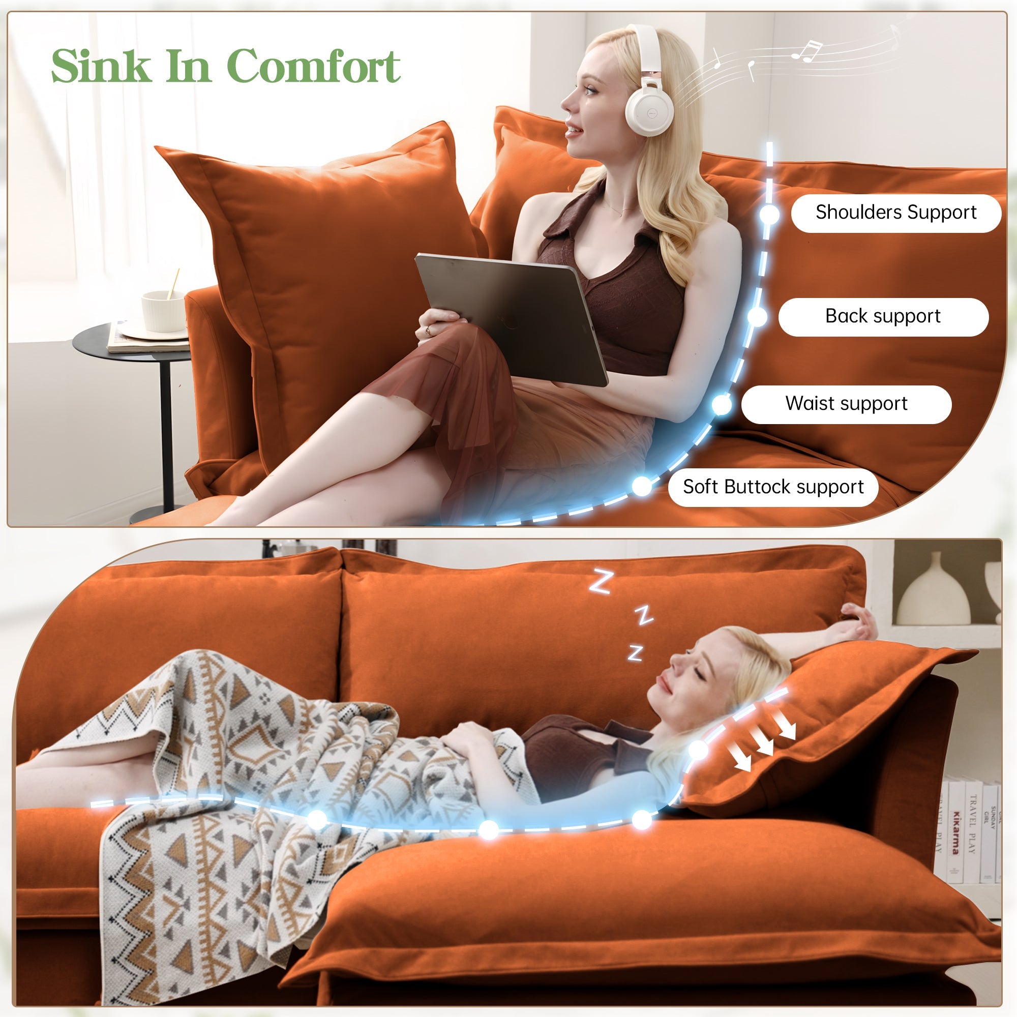 Slip-covered Armchair with 1 Big Back Cushion and 2 Big Toss Pillows, Single Deep Seat Comfy Single Couch Sofa Multiple Large Soft Pillows, Chenille Fabric, Orange