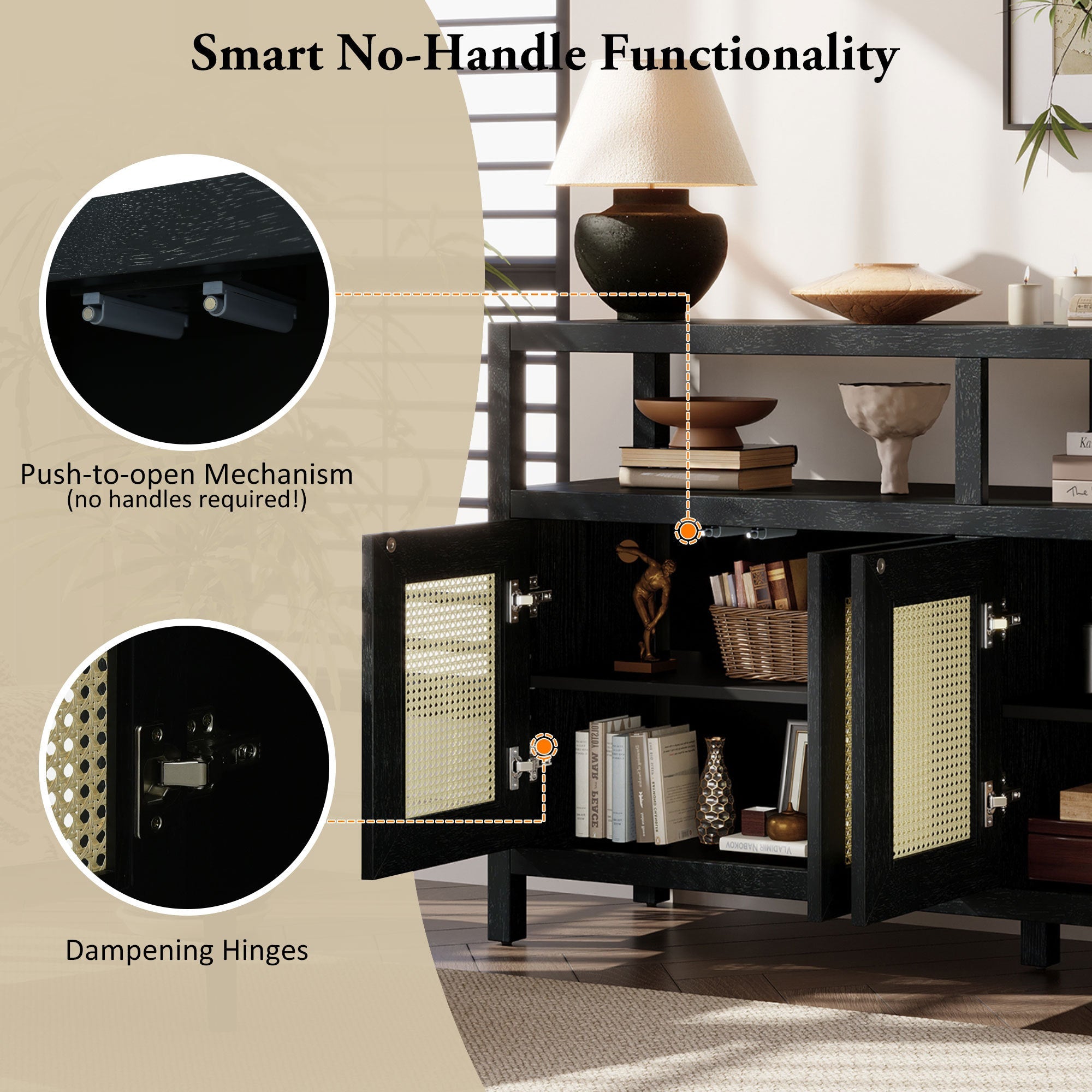 TREXM Bohemian Style Rattan Buffet Storage Cabinet with Solid Wood Frame, Sideboard with 3-position Adjustable Shelves for Living & Dining Rooms, No-Handle Push-to-Open Design (Black)